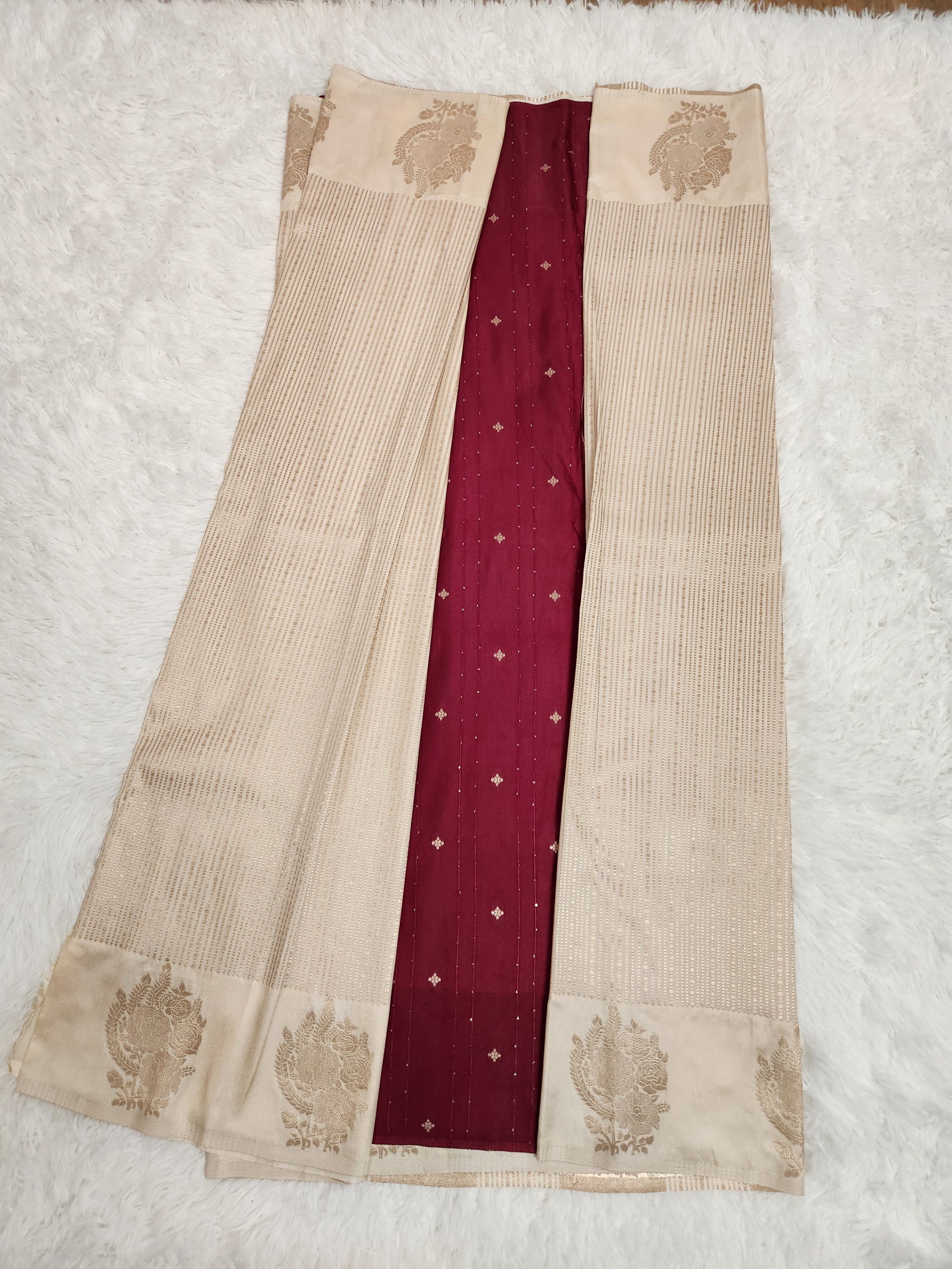 Cream Soft Silk Saree with Copper Zari & Wine Blouse Vertical Line Design