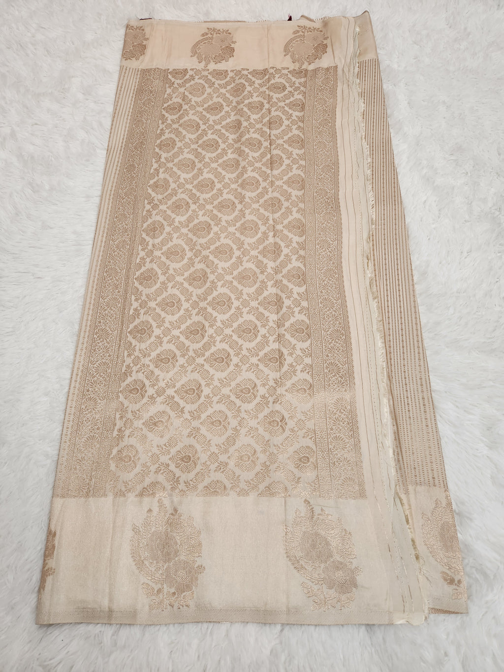 Cream Soft Silk Saree with Copper Zari & Wine Blouse Vertical Line Design