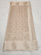 Cream Soft Silk Saree with Copper Zari & Wine Blouse Vertical Line Design