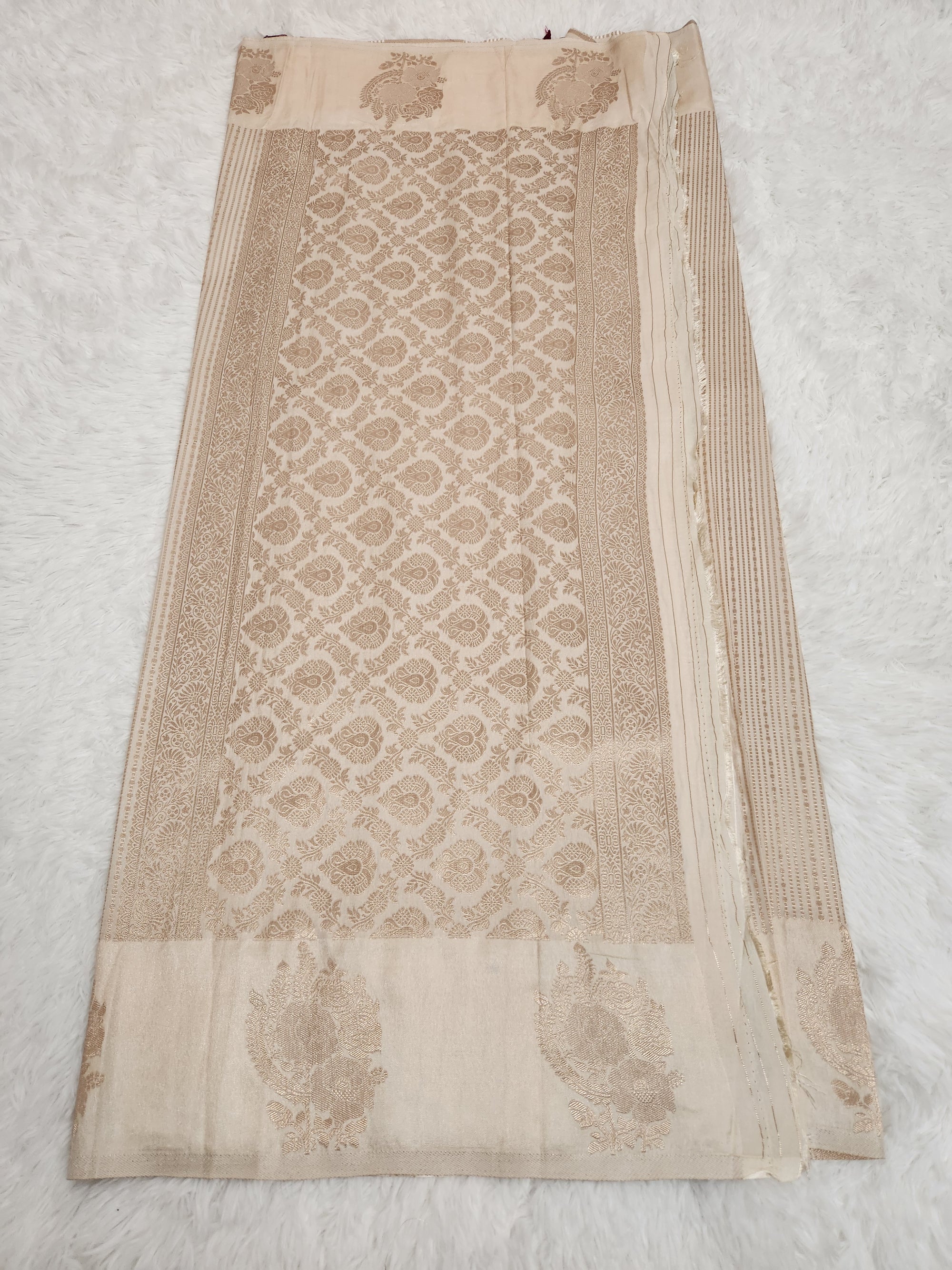 Cream Soft Silk Saree with Copper Zari & Wine Blouse Vertical Line Design