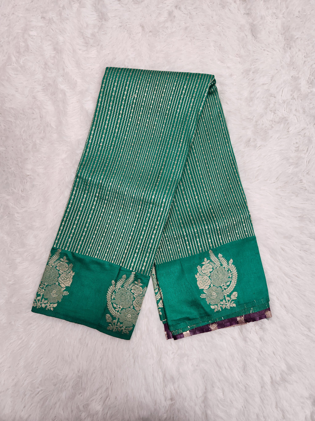 Green Soft Silk Saree with Copper Zari & Dark Purple Blouse Vertical Line Design