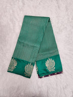Green Soft Silk Saree with Copper Zari & Dark Purple Blouse Vertical Line Design
