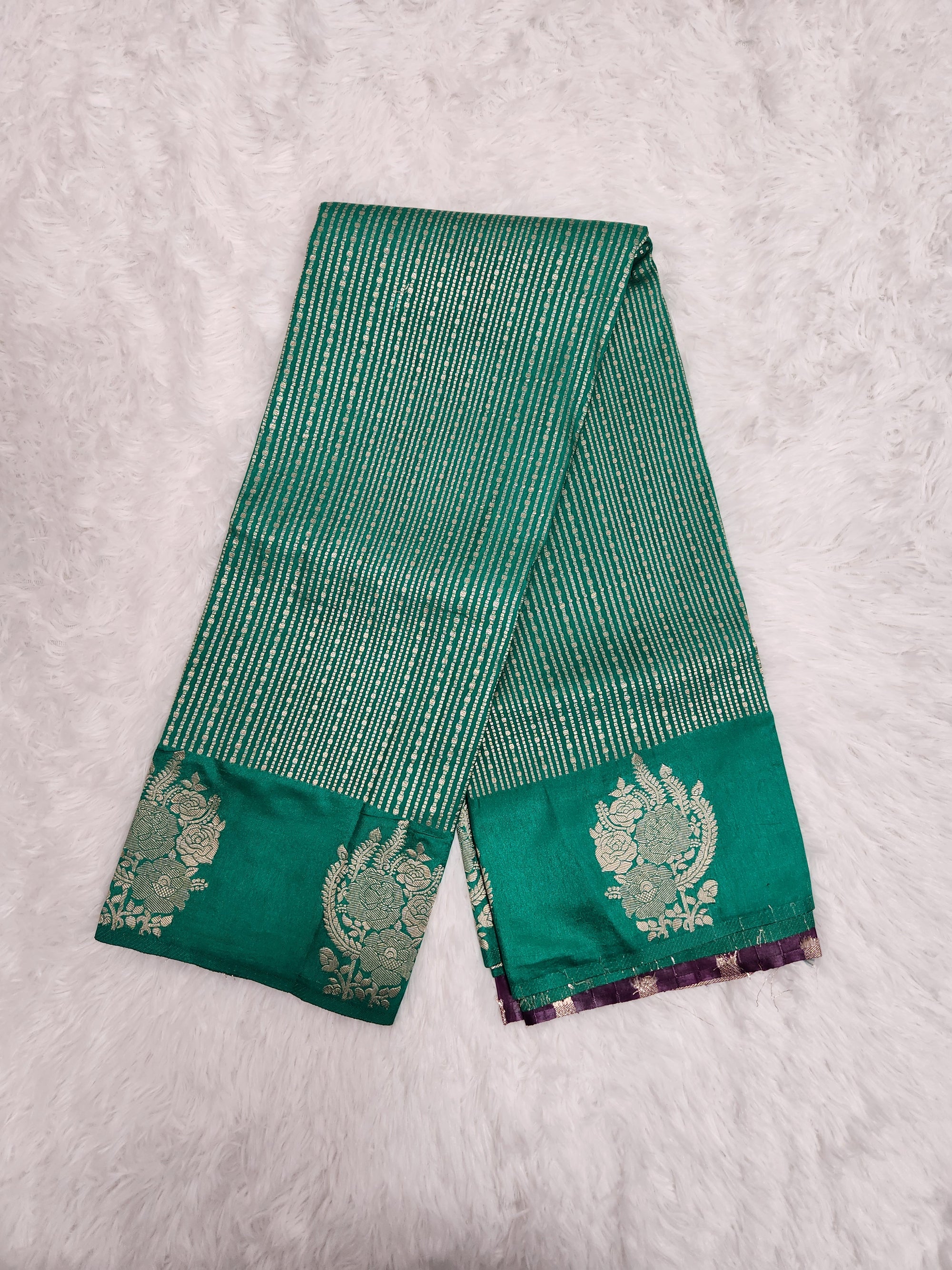 Green Soft Silk Saree with Copper Zari & Dark Purple Blouse Vertical Line Design