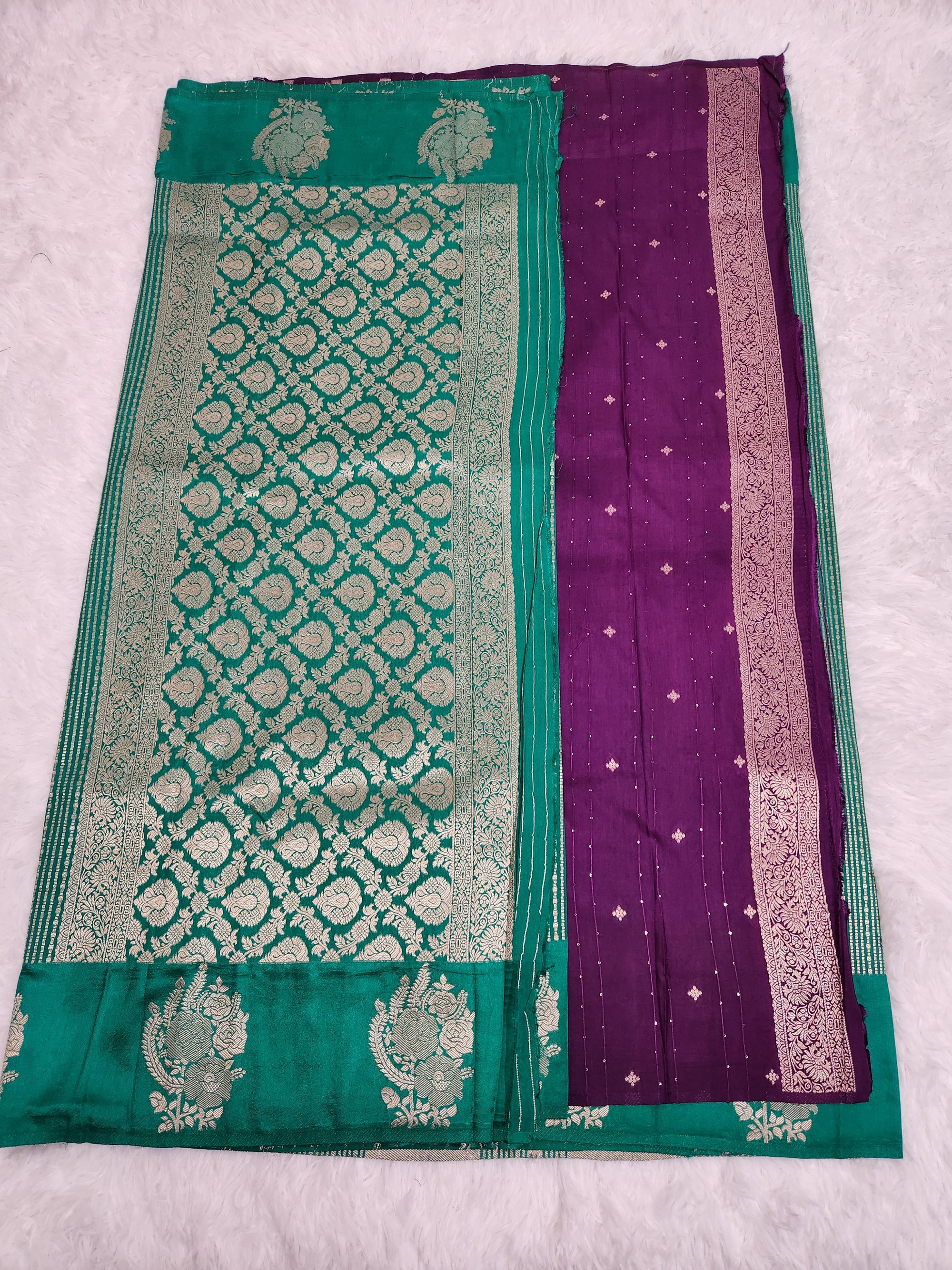 Green Soft Silk Saree with Copper Zari & Dark Purple Blouse Vertical Line Design