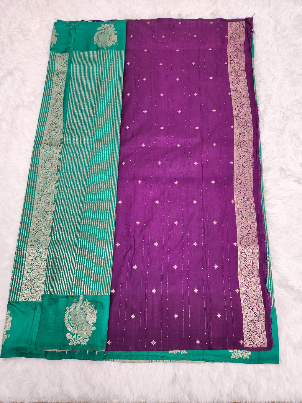 Green Soft Silk Saree with Copper Zari & Dark Purple Blouse Vertical Line Design
