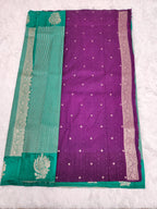 Green Soft Silk Saree with Copper Zari & Dark Purple Blouse Vertical Line Design