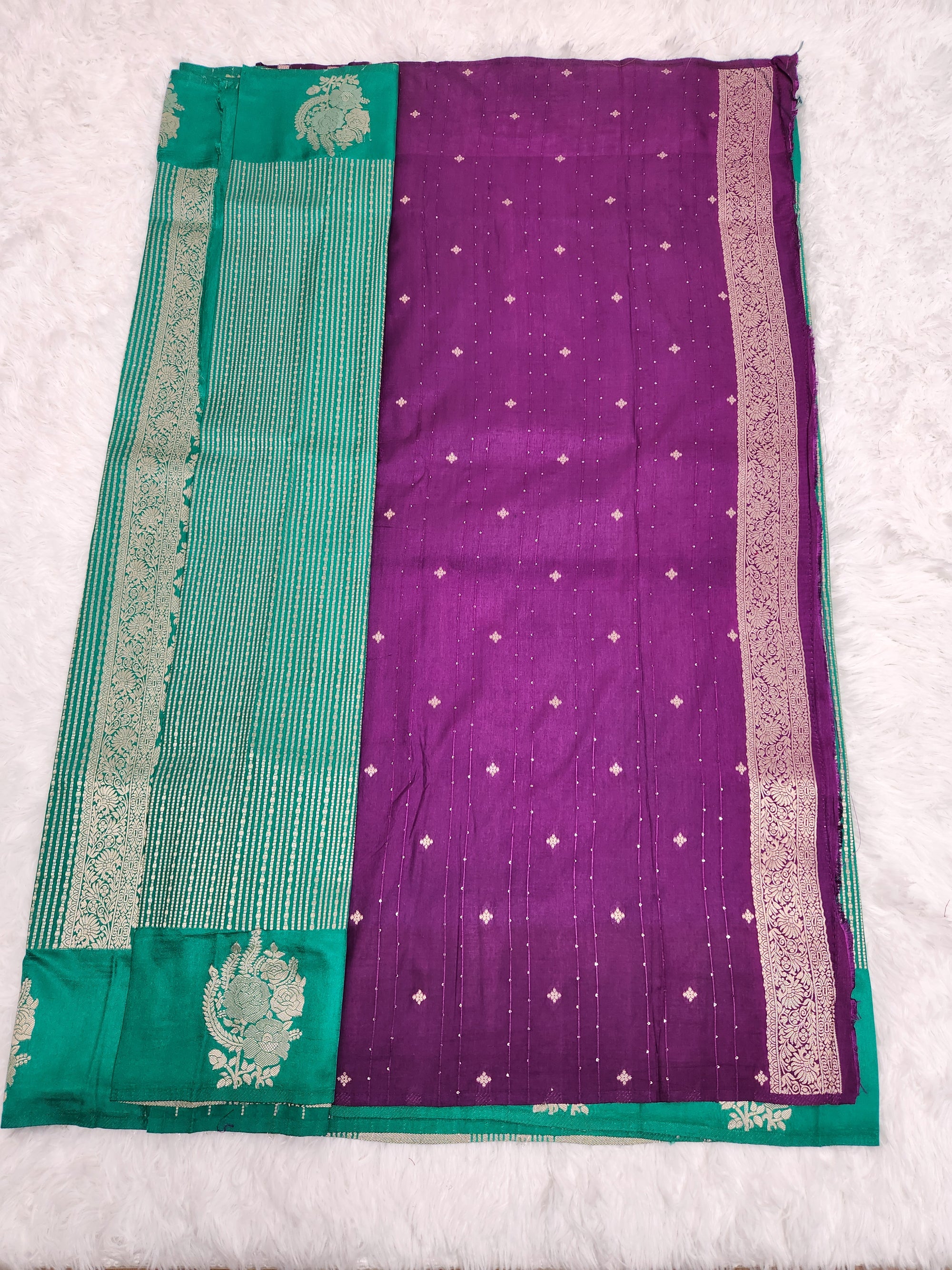 Green Soft Silk Saree with Copper Zari & Dark Purple Blouse Vertical Line Design