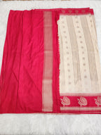 Cream Soft Silk Saree with Copper Zari & Red Pallu Vertical Line Design