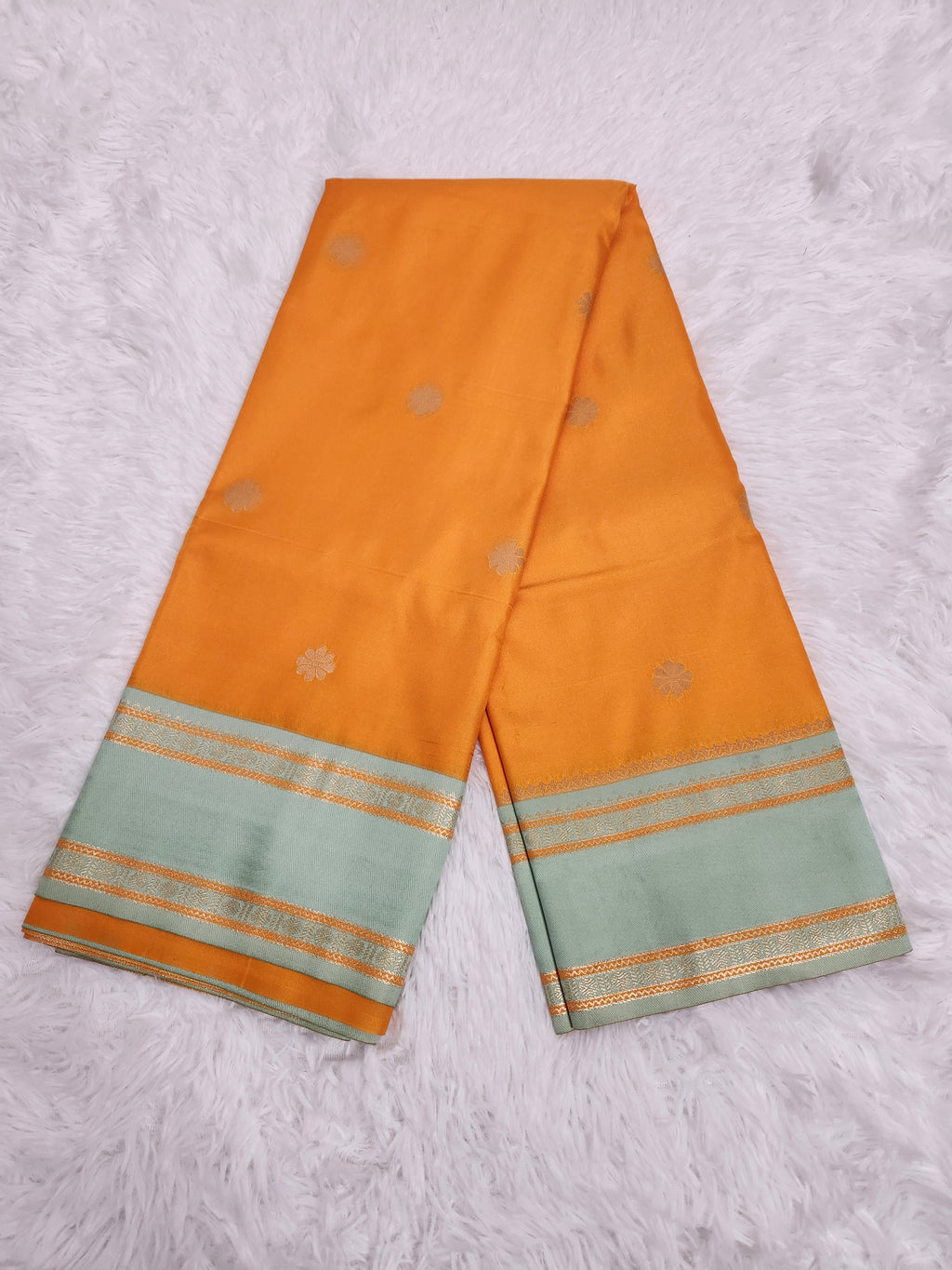 Mango Yellow Soft Silk Saree with Copper Zari & Pistachio Pallu Design