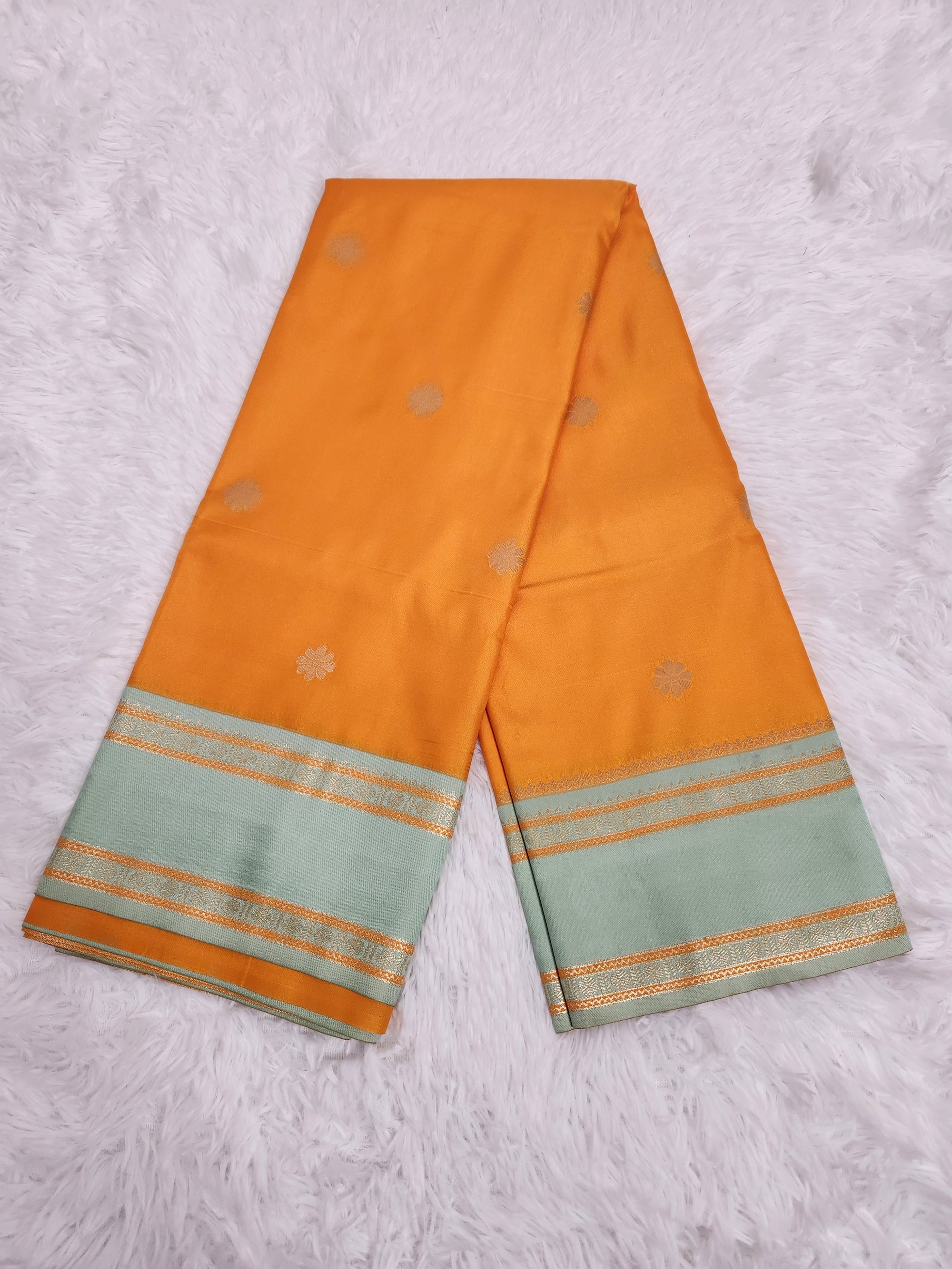 Mango Yellow Soft Silk Saree with Copper Zari & Pistachio Pallu Design