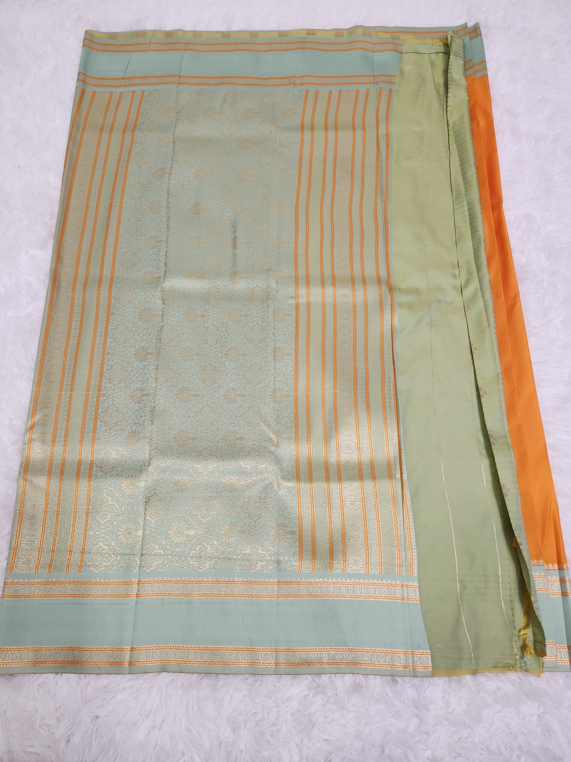 Mango Yellow Soft Silk Saree with Copper Zari & Pistachio Pallu Design