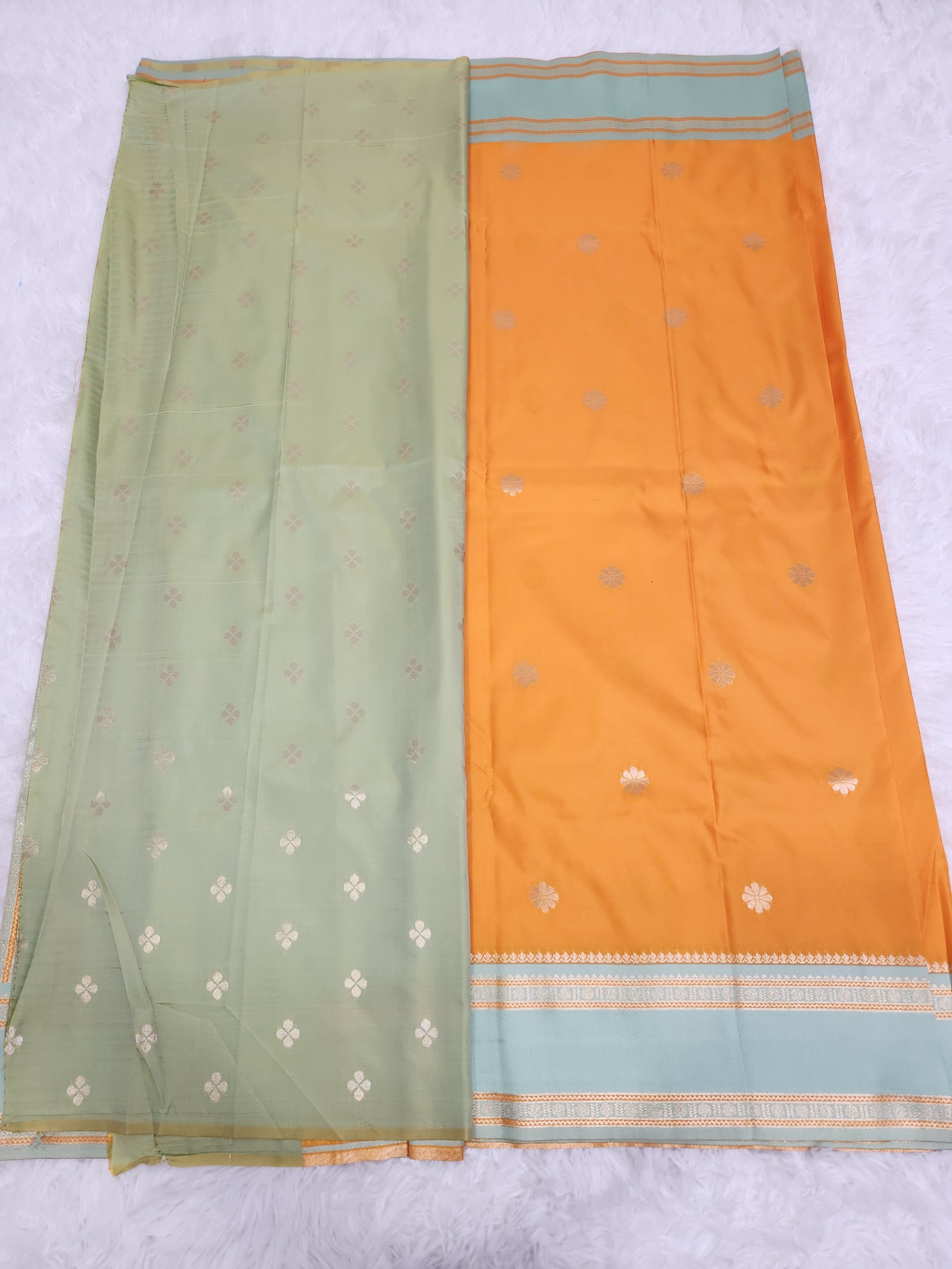 Mango Yellow Soft Silk Saree with Copper Zari & Pistachio Pallu Design