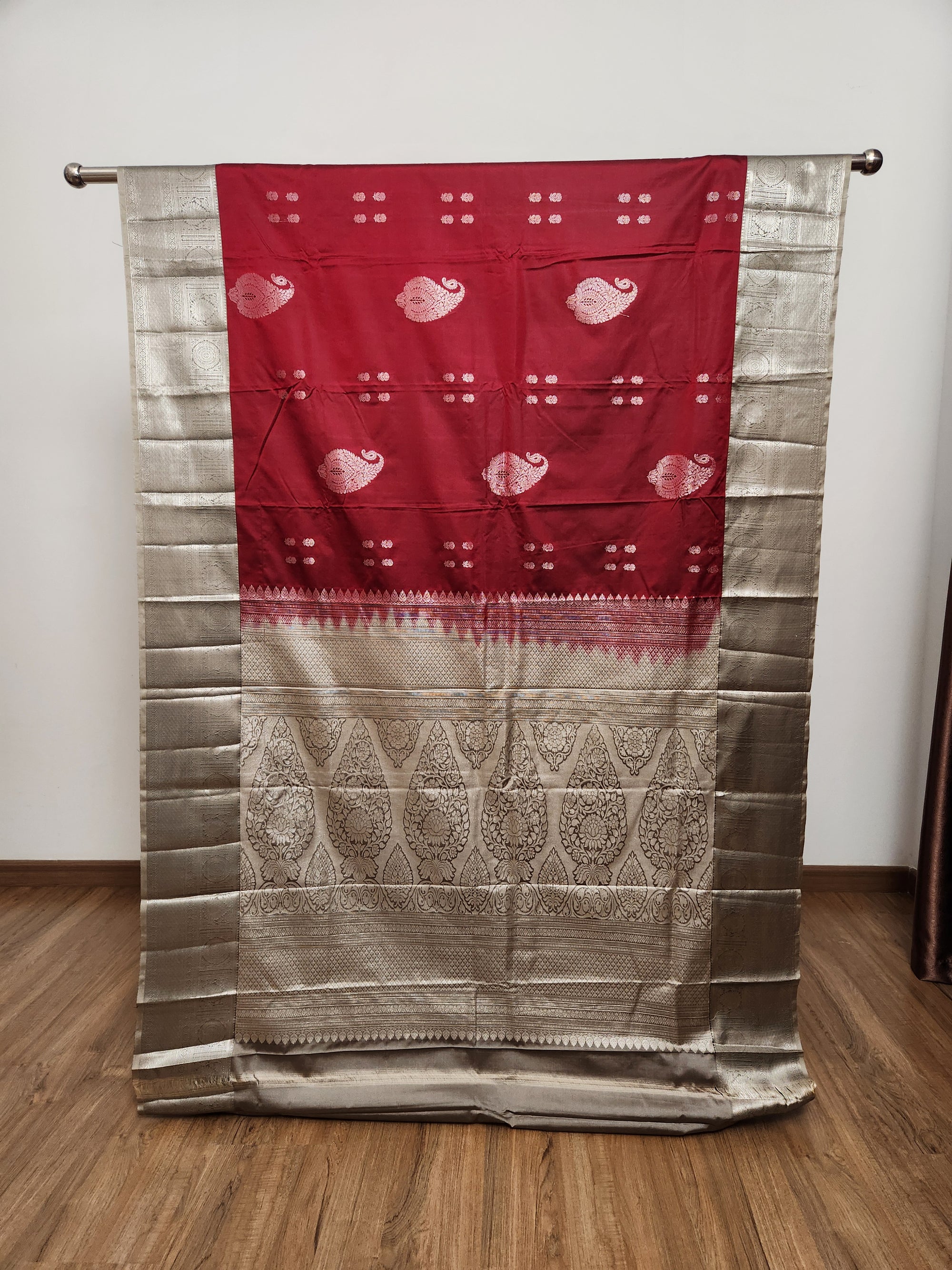 Maroon Semi Kanchi Saree with Silver Zari & Grey Pallu