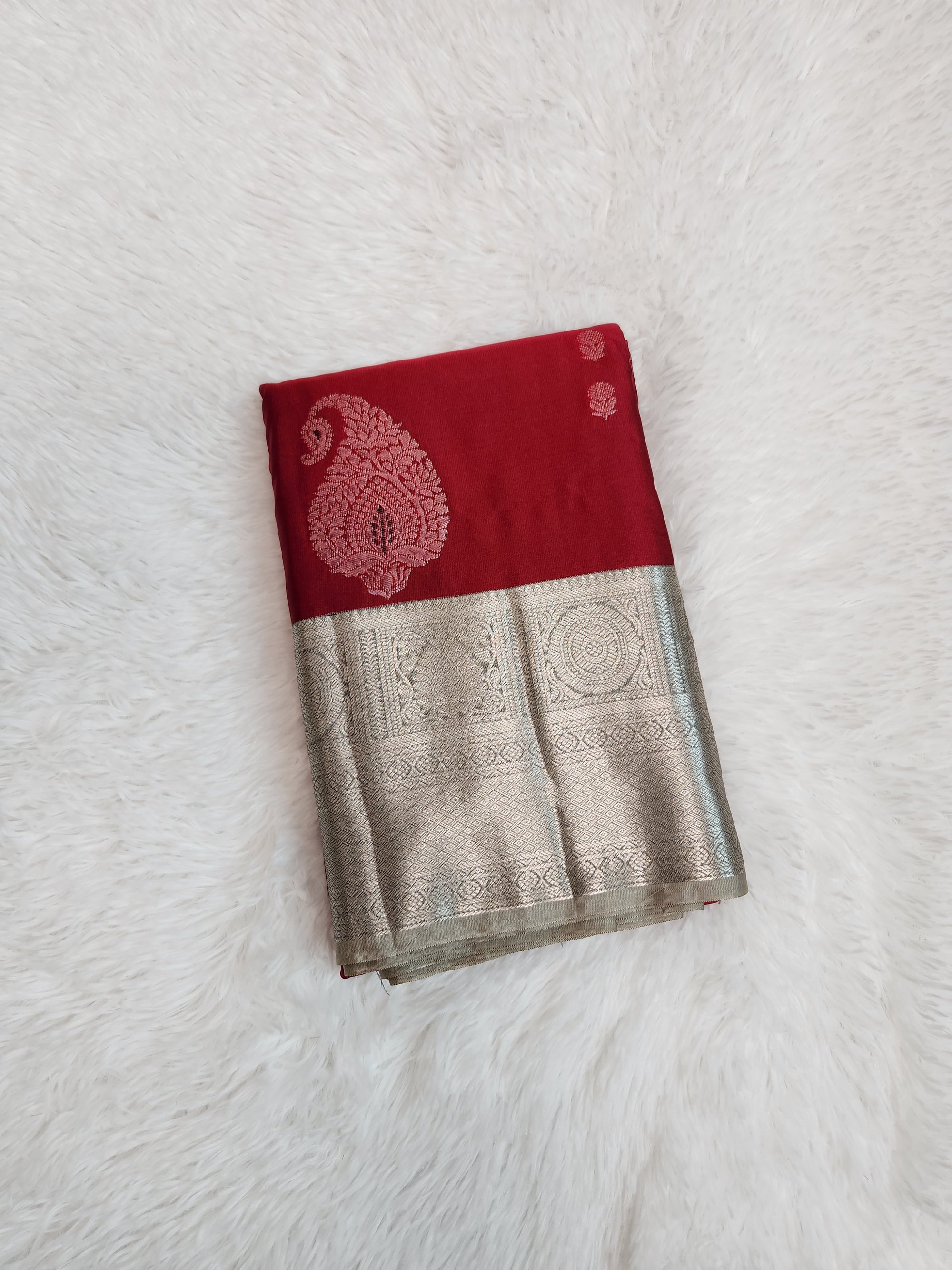 Maroon Semi Kanchi Saree with Silver Zari & Grey Pallu