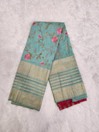 Emerald Green Soft Silk Saree with Copper Zari & Pink Blouse Embroidery Design