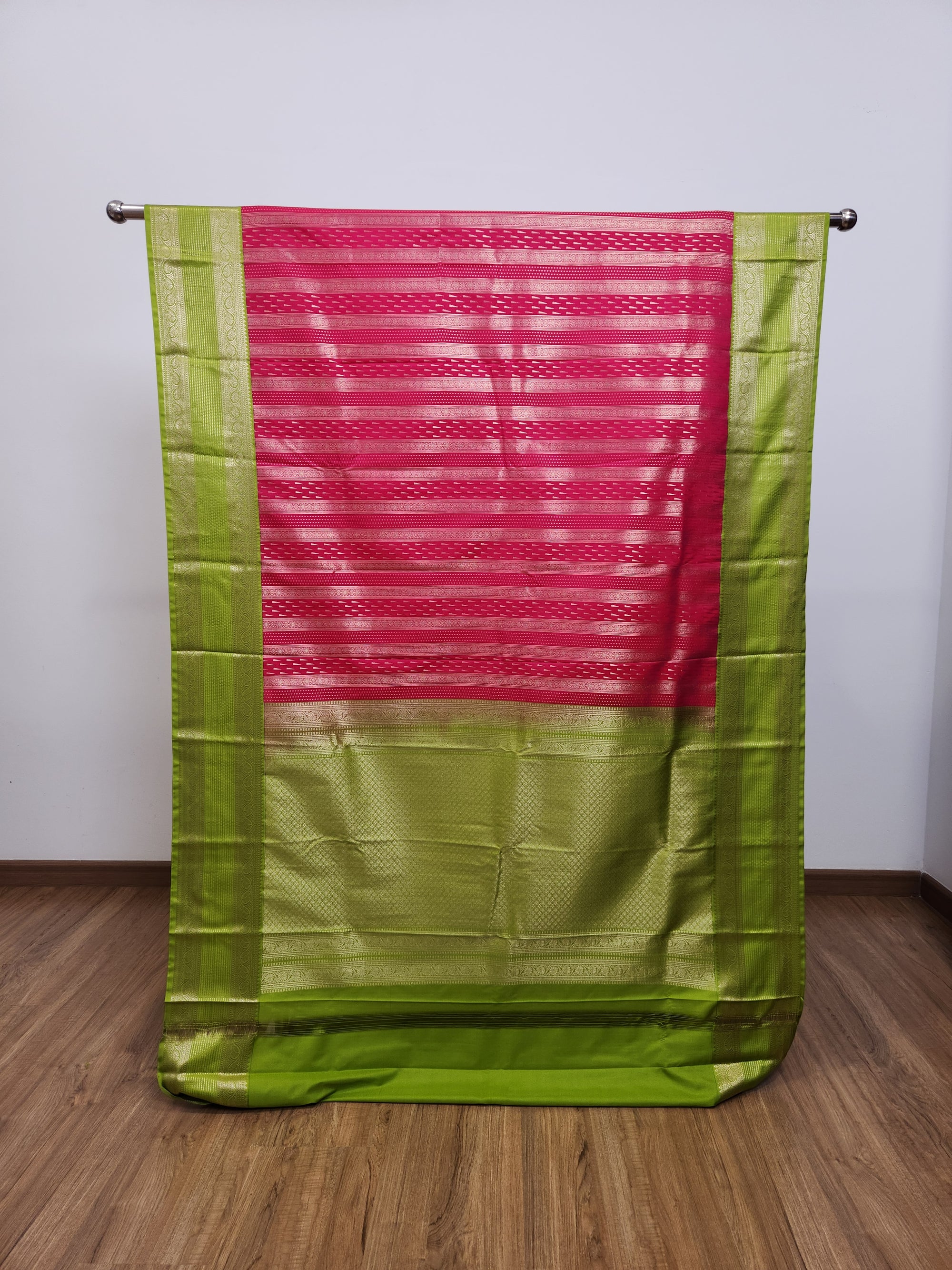Raani Pink Semi Kaanchi Saree with Copper Zari & Parrot Green Pallu Design