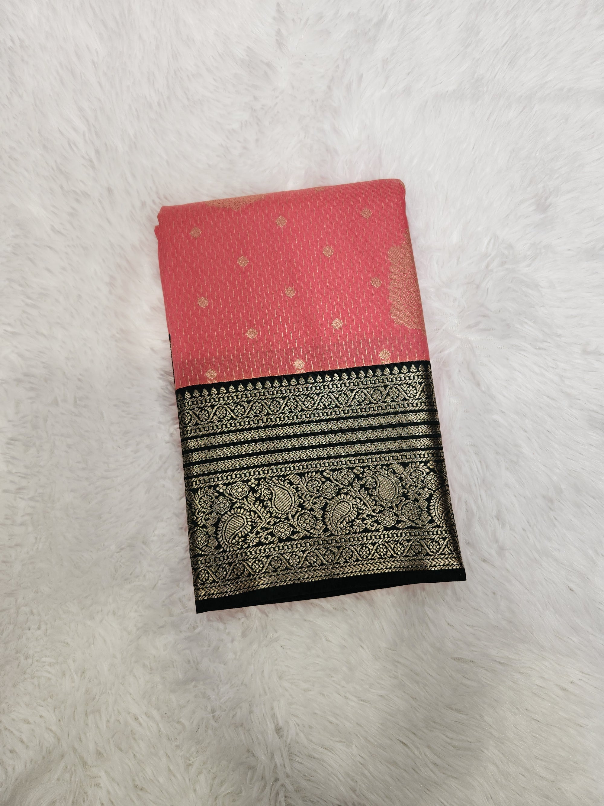Pink Semi Kaanchi Saree with Copper Zari & Bottle Green Pallu