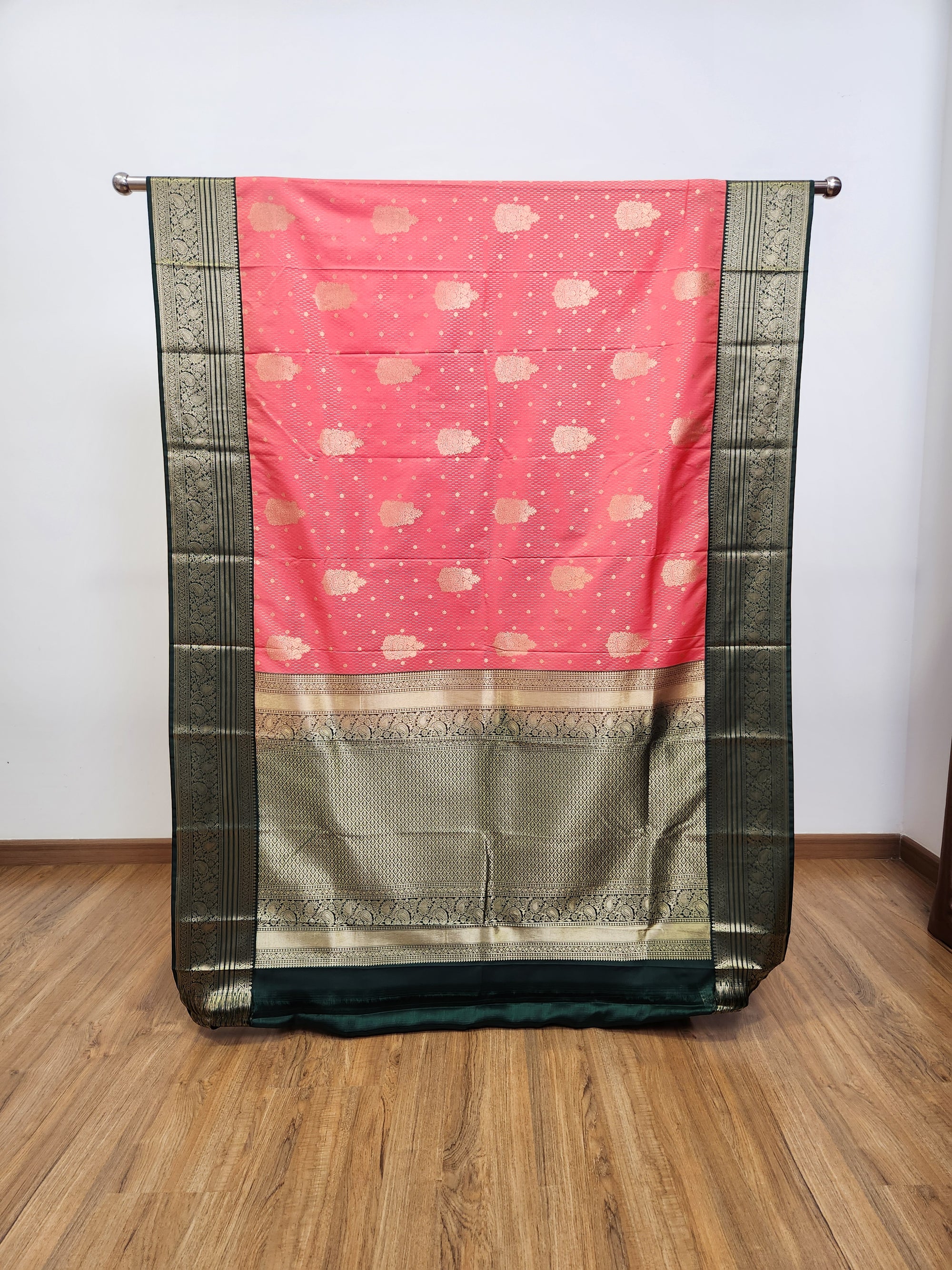 Pink Semi Kaanchi Saree with Copper Zari & Bottle Green Pallu
