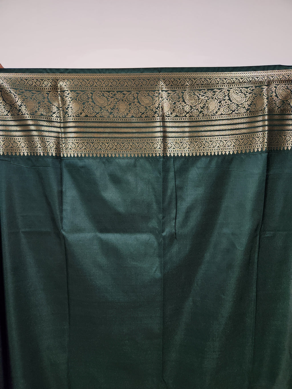 Pink Semi Kaanchi Saree with Copper Zari & Bottle Green Pallu