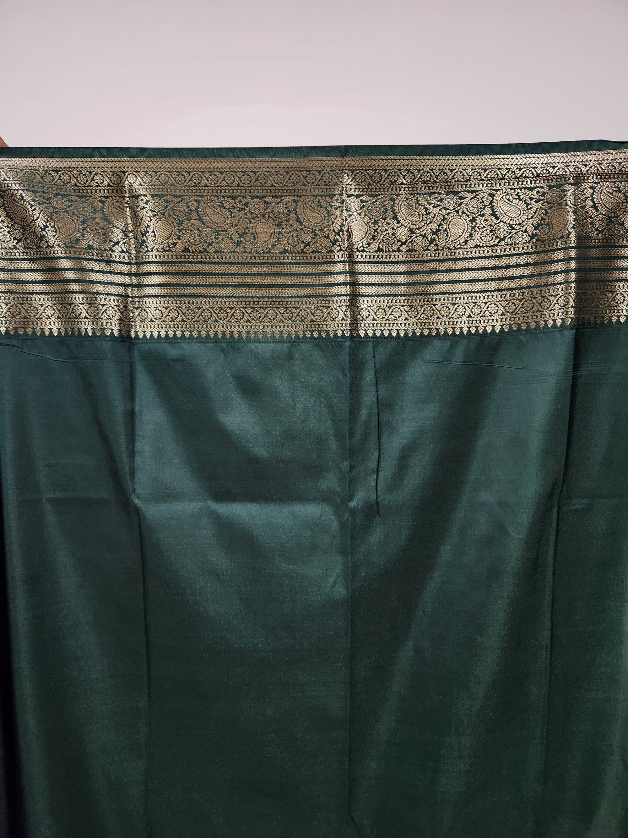 Pink Semi Kaanchi Saree with Copper Zari & Bottle Green Pallu