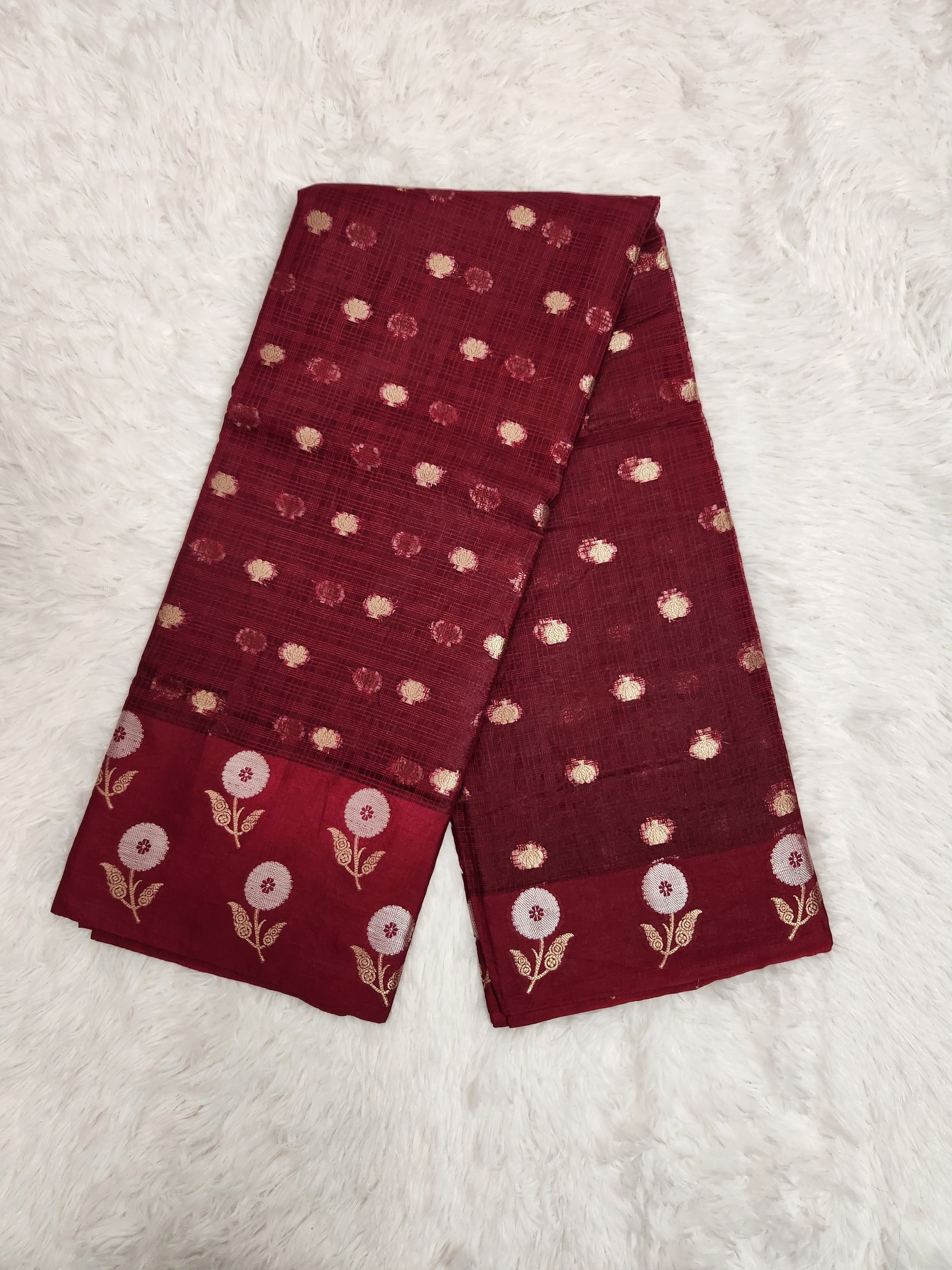 Dark Brown Soft Silk Saree with Copper Zari & Flower Butta with Straight Lines Design