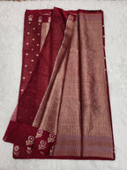 Dark Brown Soft Silk Saree with Copper Zari & Flower Butta with Straight Lines Design