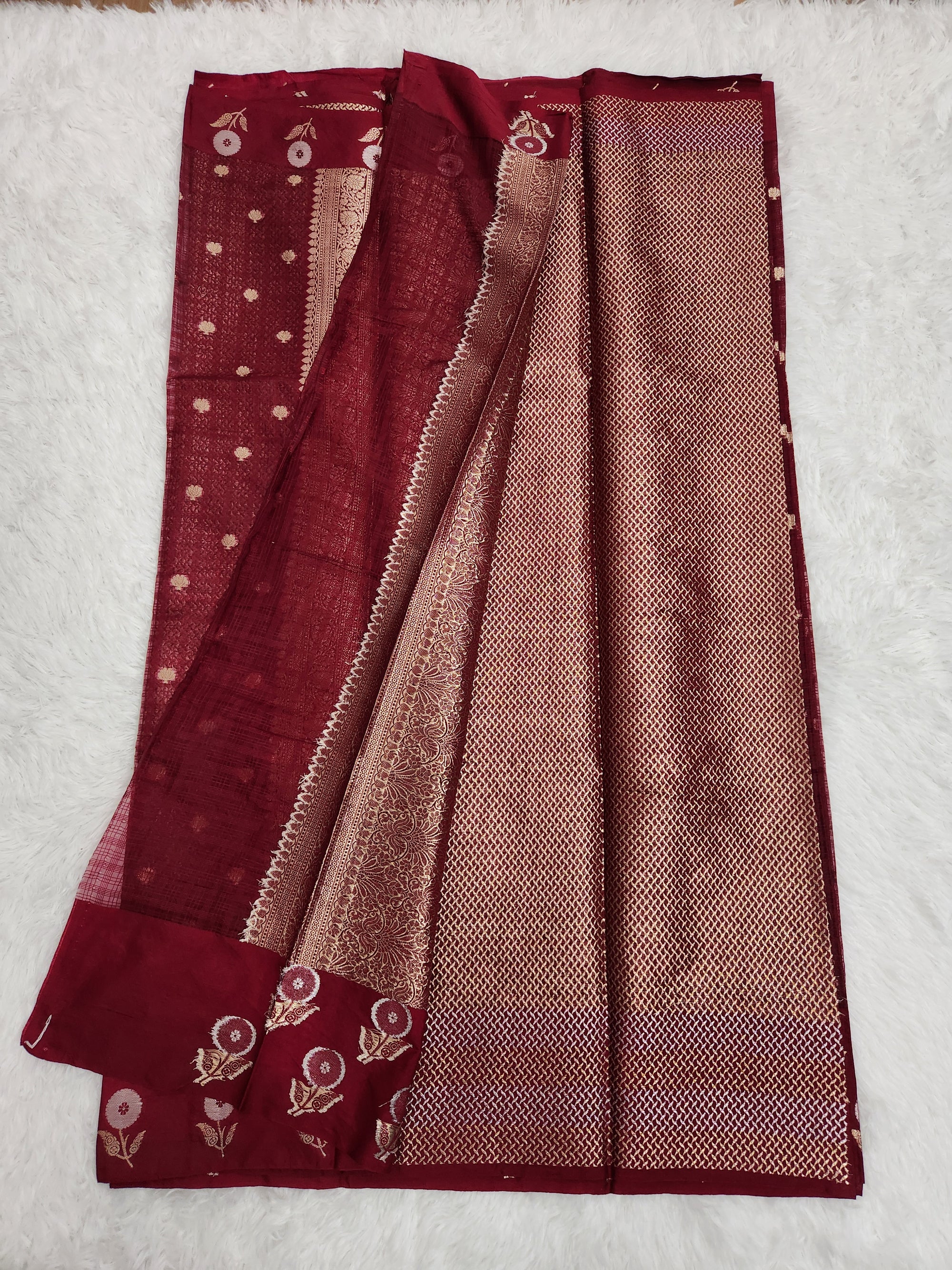 Dark Brown Soft Silk Saree with Copper Zari & Flower Butta with Straight Lines Design