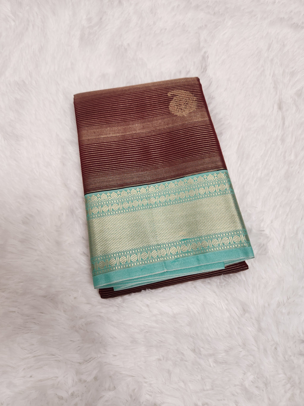 Dark Brown Semi Kanchi Saree with Copper Zari & Pistachio Green Pallu Design