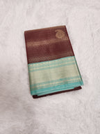 Dark Brown Semi Kanchi Saree with Copper Zari & Pistachio Green Pallu Design