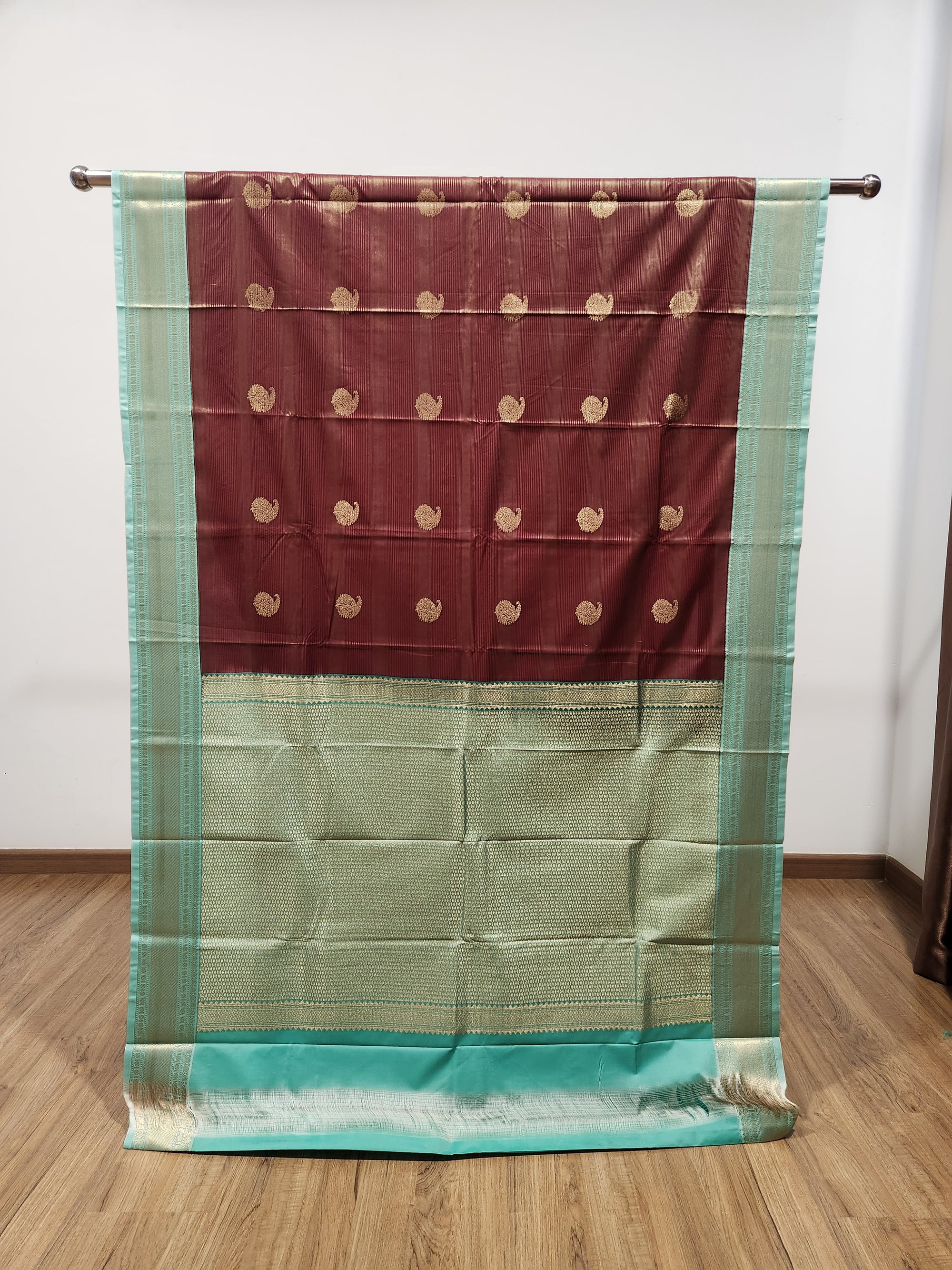 Dark Brown Semi Kanchi Saree with Copper Zari & Pistachio Green Pallu Design