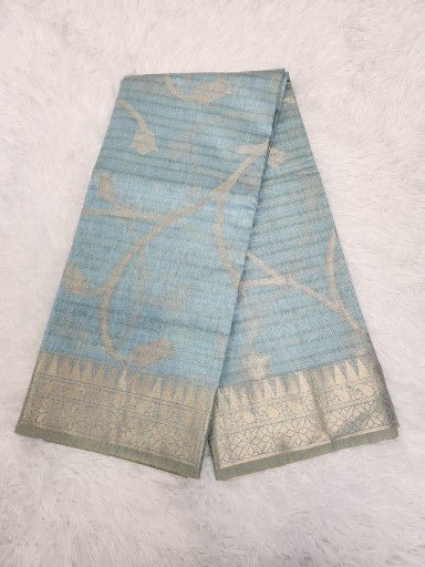 Baby Blue Cotton Tissue Saree with Gold Zari & Floral Design - Urban Weave Sarees