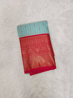 Baby Blue Semi Kanchi Saree with Copper Zari & Dark Pink Pallu - Urban Weave Sarees