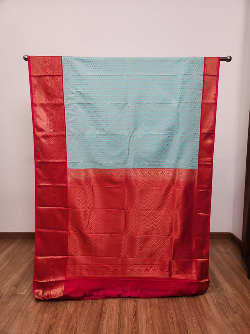 Baby Blue Semi Kanchi Saree with Copper Zari & Dark Pink Pallu - Urban Weave Sarees