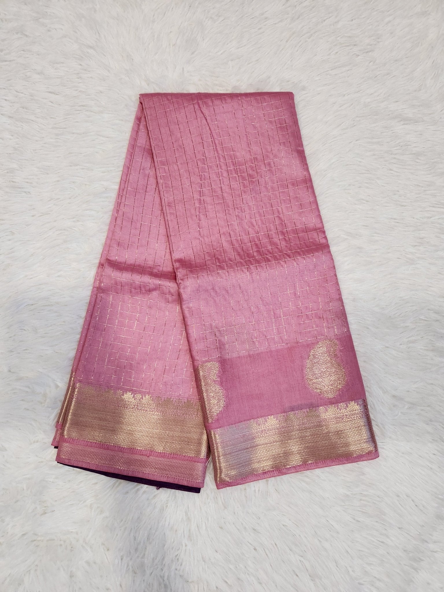 Baby Pink Fancy Saree With Silver Zari & Checks Design - Urban Weave Sarees