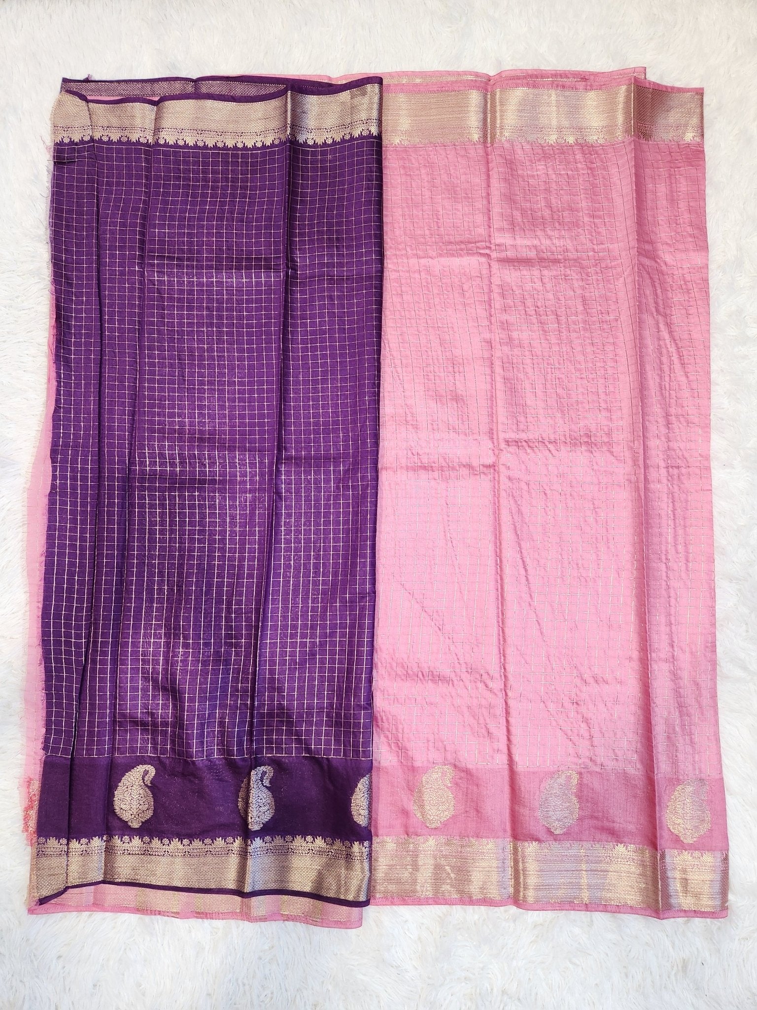 Baby Pink Fancy Saree With Silver Zari & Checks Design - Urban Weave Sarees