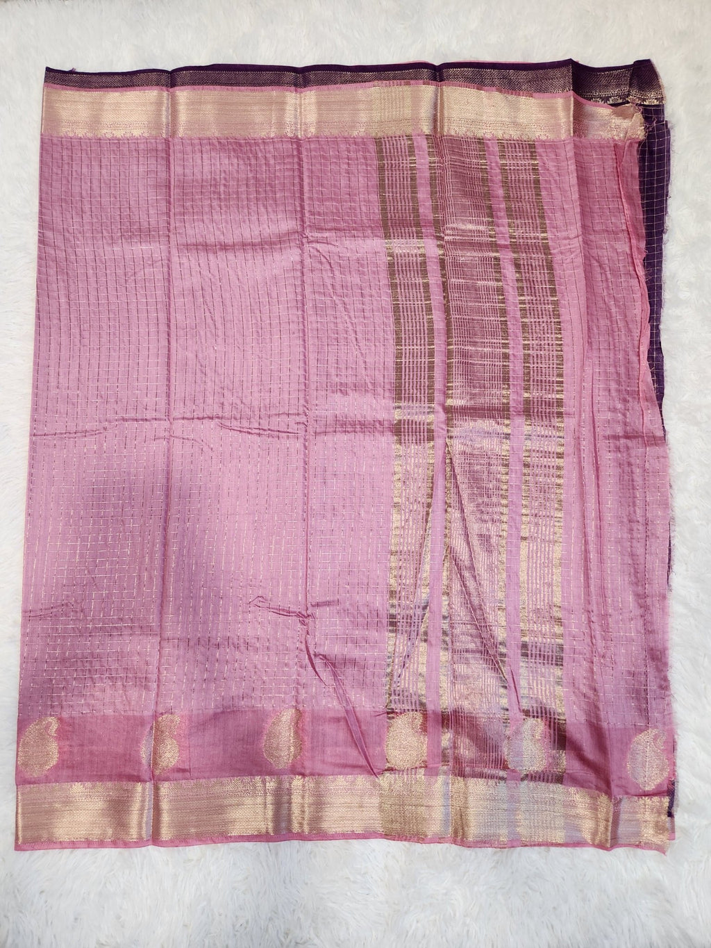 Baby Pink Fancy Saree With Silver Zari & Checks Design - Urban Weave Sarees