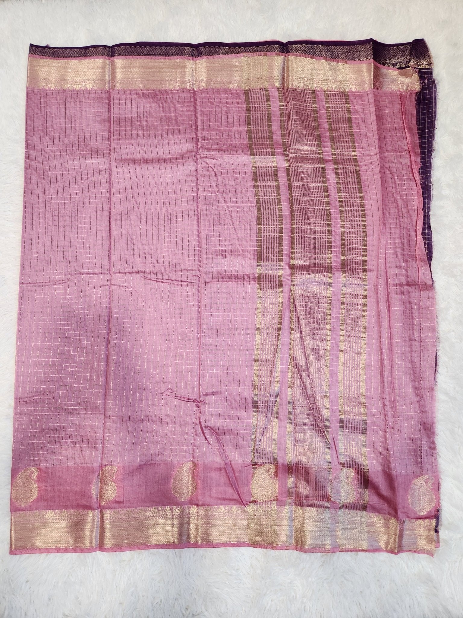 Baby Pink Fancy Saree With Silver Zari & Checks Design - Urban Weave Sarees