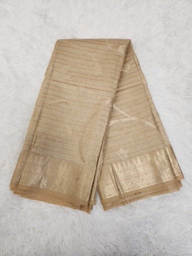 Beige Cotton Tissue Saree with Gold Zari & Floral Design - Urban Weave Sarees