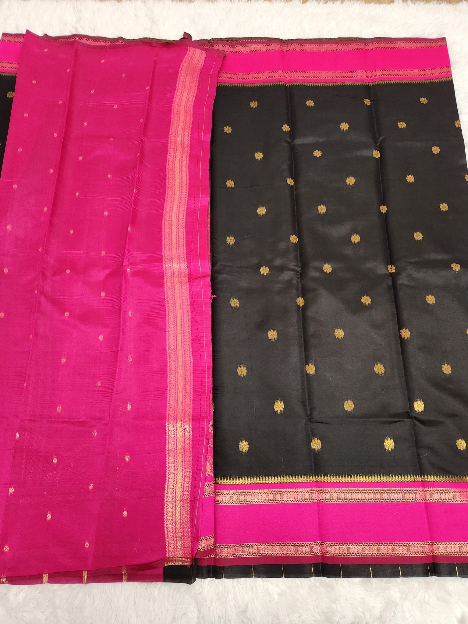 Black Soft Silk Saree with Copper Zari & Pink Pallu Design - Urban Weave Sarees