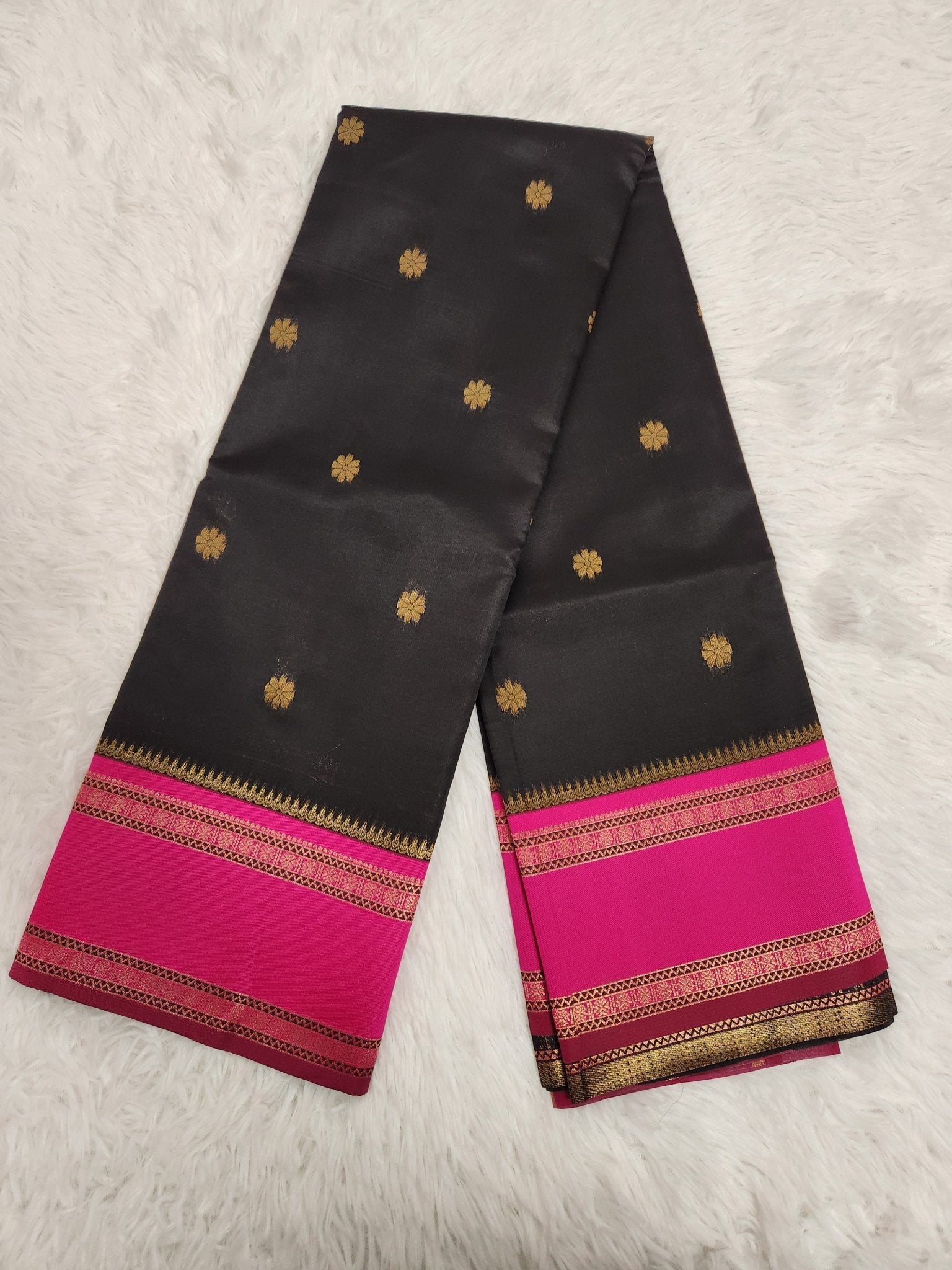 Black Soft Silk Saree with Copper Zari & Pink Pallu Design - Urban Weave Sarees