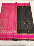 Black Soft Silk Saree with Copper Zari & Pink Pallu Design - Urban Weave Sarees