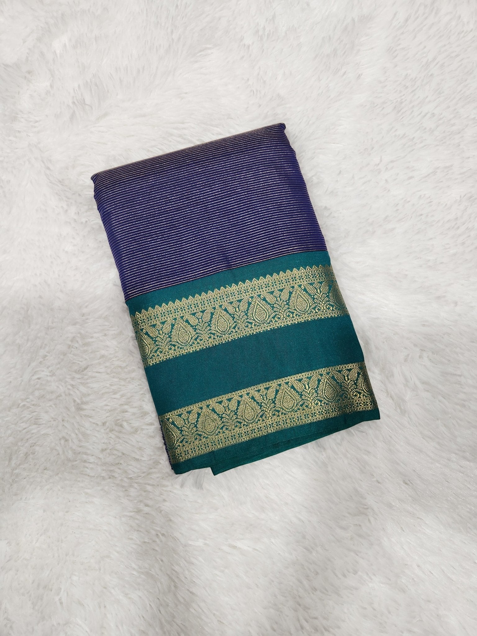 Blue Semi Kanchi Saree with Gold Zari & Vairoosi Design - Urban Weave Sarees