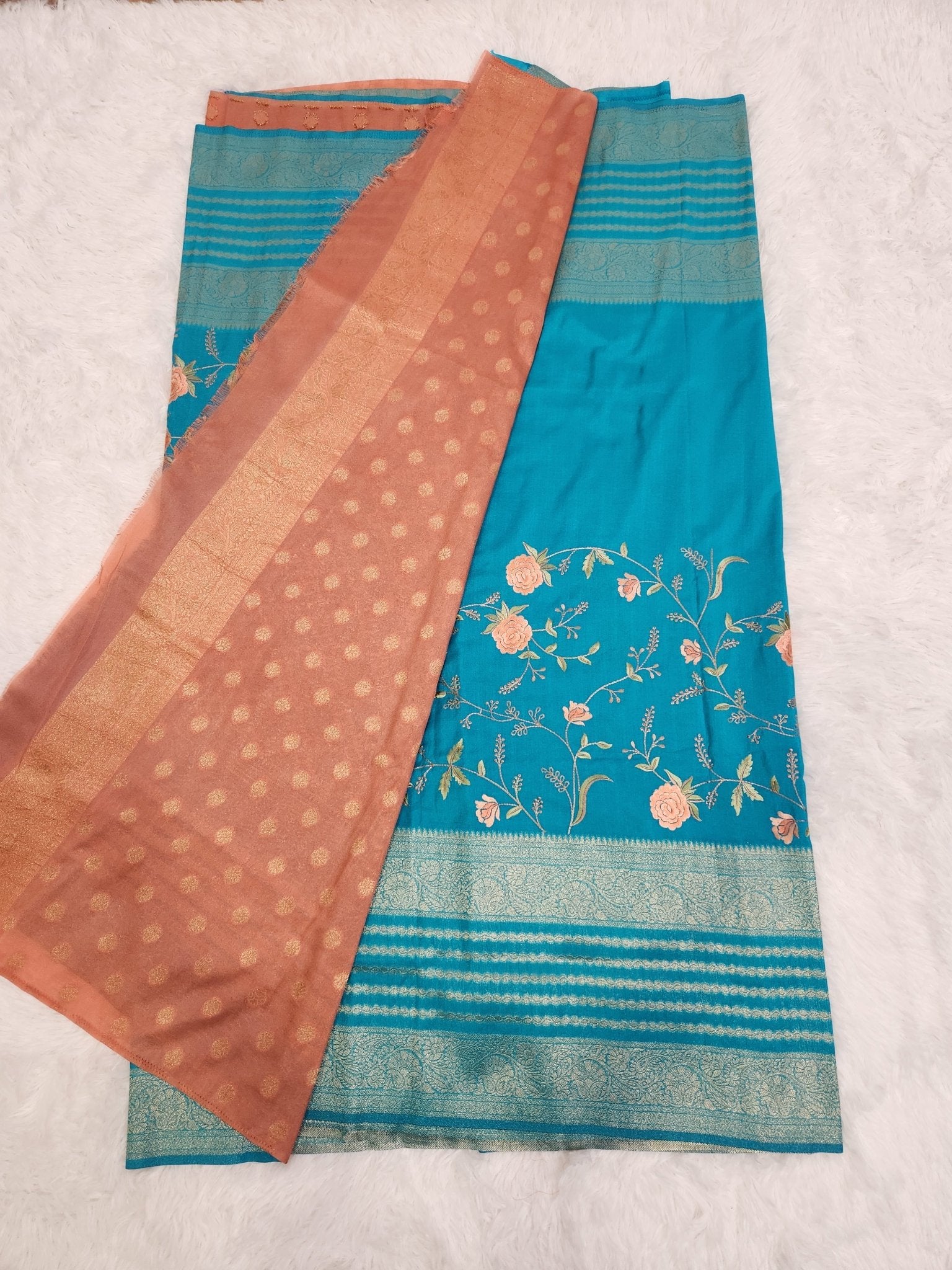 Blue Soft Silk Saree with Copper Zari & Salmon Orange Blouse Embroidery Design - Urban Weave Sarees