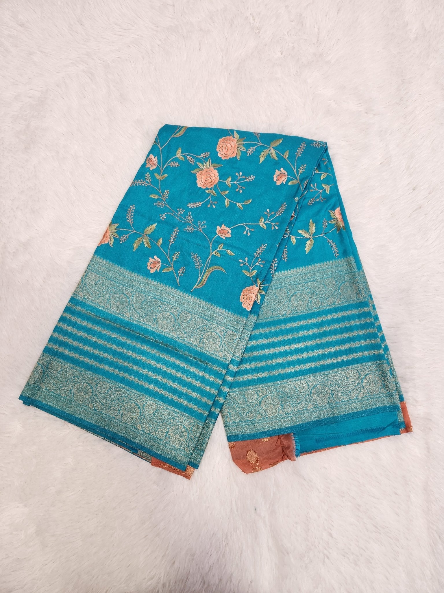 Blue Soft Silk Saree with Copper Zari & Salmon Orange Blouse Embroidery Design - Urban Weave Sarees