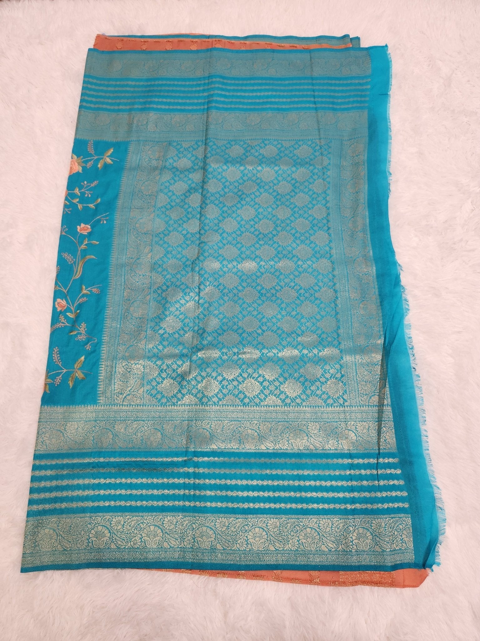 Blue Soft Silk Saree with Copper Zari & Salmon Orange Blouse Embroidery Design - Urban Weave Sarees