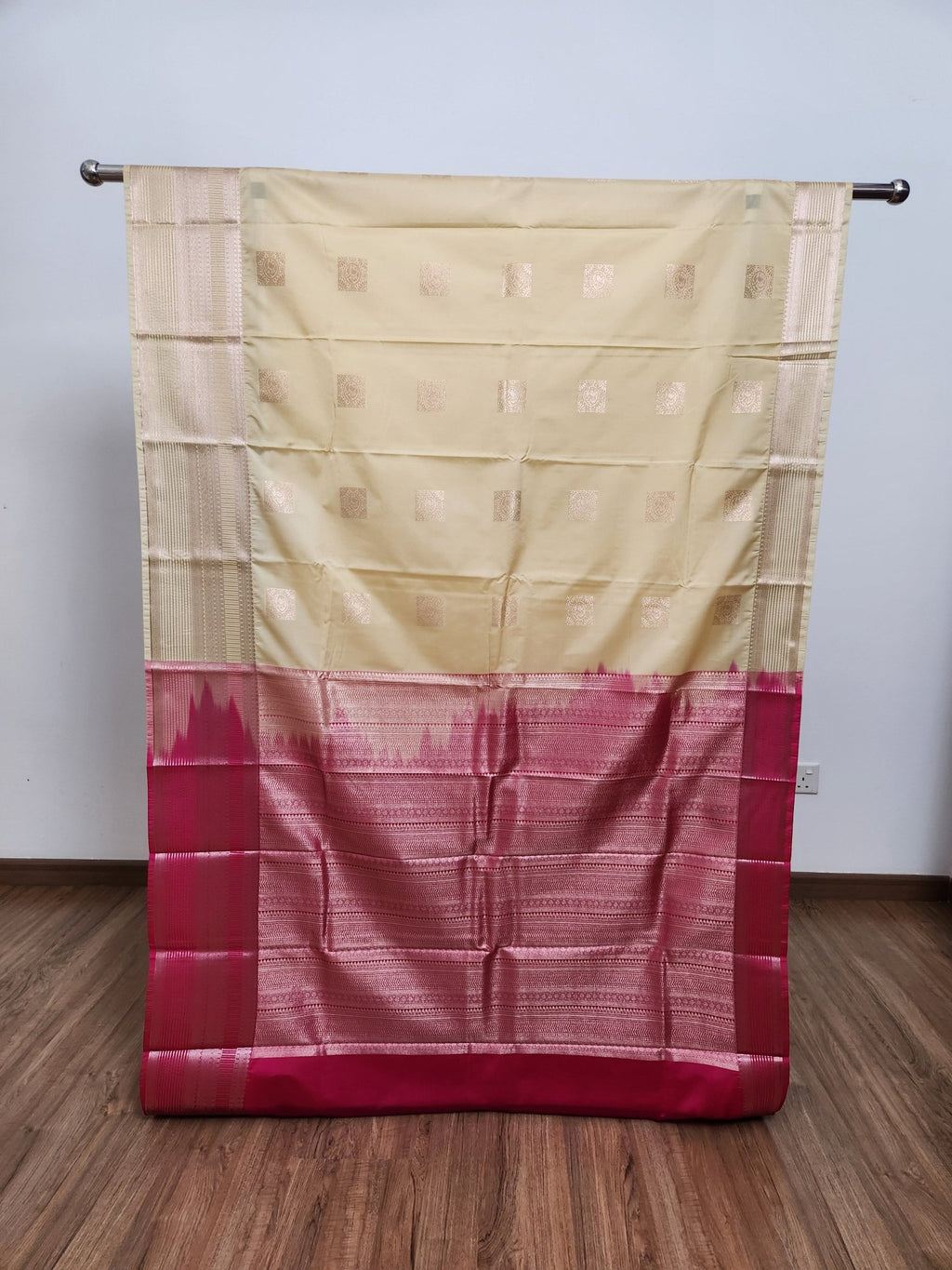 Buttermilk Yellow Semi Kanchi Saree with Silver Zari & Hot Pink Pallu - Urban Weave Sarees