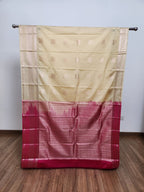 Buttermilk Yellow Semi Kanchi Saree with Silver Zari & Hot Pink Pallu - Urban Weave Sarees