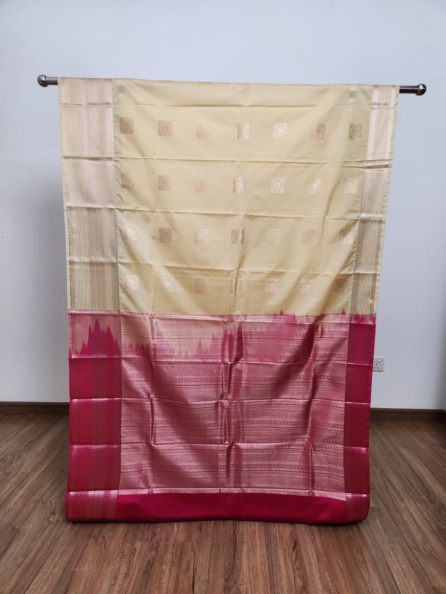 Buttermilk Yellow Semi Kanchi Saree with Silver Zari & Hot Pink Pallu - Urban Weave Sarees