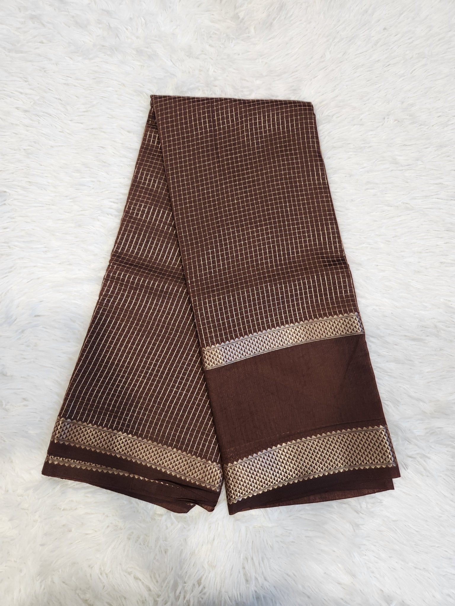 Coffee Brown Fancy Saree With Silver Zari & Small Checks Design - Urban Weave Sarees