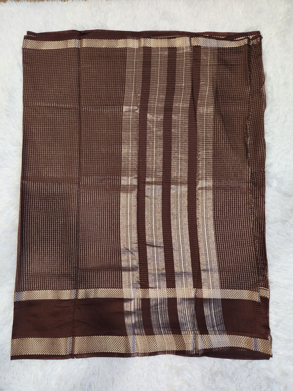 Coffee Brown Fancy Saree With Silver Zari & Small Checks Design - Urban Weave Sarees